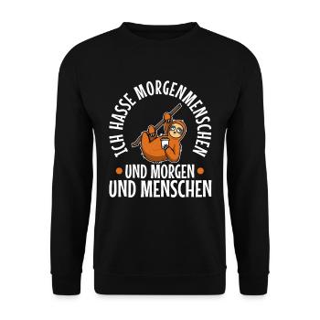 Müdes Faultier mit Kaffee und dem Spruch: Ich hass - Unisex Pullover - Schwarz - Vorne - Alina (178cm) & Michal (187cm)