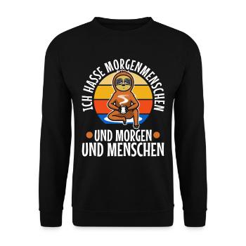 Ich hasse Morgenmenschen Faultier - Unisex Pullover - Schwarz - Vorne - Alina (178cm) & Michal (187cm)