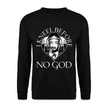 I Kneel Before No God, saten goat - Unisex Pullover - Schwarz - Vorne - Alina (178cm) & Michal (187cm)