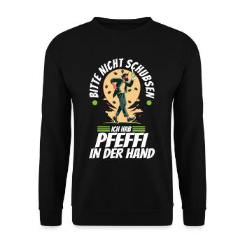 Bitte nicht schubsen ich hab Pfeffi in der Hand - Unisex Pullover - Schwarz - Vorne - Alina (178cm) & Michal (187cm)