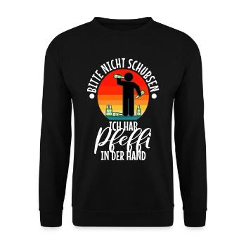Bitte nicht schubsen ich hab Pfeffi in der Hand - Unisex Pullover - Schwarz - Vorne - Alina (178cm) & Michal (187cm)