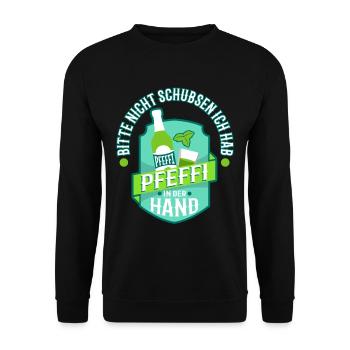 Bitte nicht schubsen ich hab Pfeffi in der Hand - Unisex Pullover - Schwarz - Vorne - Alina (178cm) & Michal (187cm)