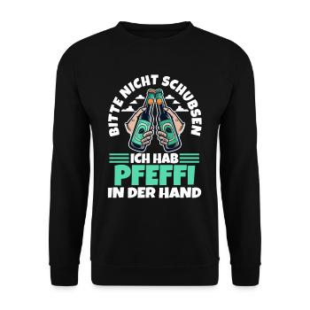 Bitte nicht schubsen ich hab Pfeffi in der Hand - Unisex Pullover - Schwarz - Vorne - Alina (178cm) & Michal (187cm)
