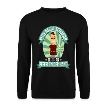 Bitte nicht schubsen ich hab Pfeffi in der Hand - Unisex Pullover - Schwarz - Vorne - Alina (178cm) & Michal (187cm)