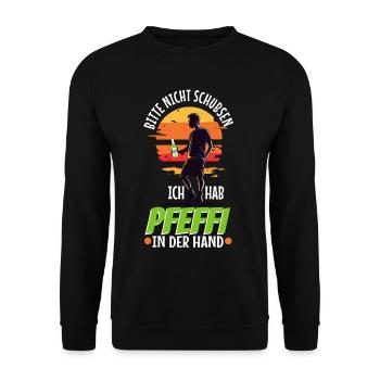 Bitte nicht schubsen ich hab Pfeffi in der Hand - Unisex Pullover - Schwarz - Vorne - Alina (178cm) & Michal (187cm)