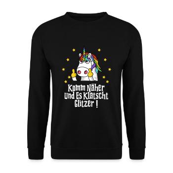 Fuck You Einhorn Einhörner Mittelfinger Geschenk - Unisex Pullover - Schwarz - Vorne - Alina (178cm) & Michal (187cm)