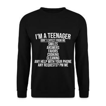Je suis un adolescent, ne vous attendez pas à moi, souriez... - Sweat-shirt Unisexe - noir - Devant - Alina (178cm) & Michal (187cm)