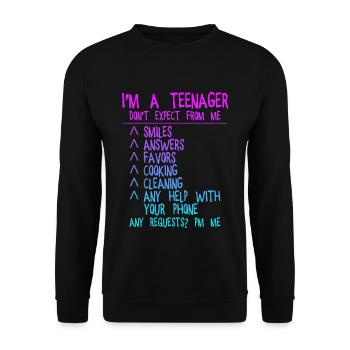Je suis un adolescent, ne vous attendez pas à moi, souriez... 4 - Sweat-shirt Unisexe - noir - Devant - Alina (178cm) & Michal (187cm)