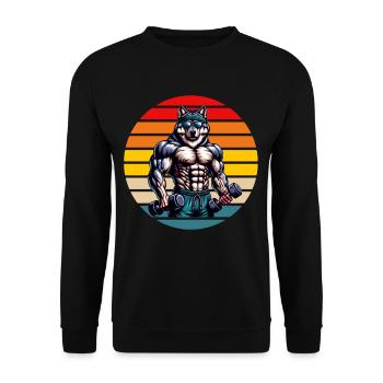 Muscular Wolf Bodybuilder Gym Workout Retro Sunset - Unisex Pullover - Schwarz - Vorne - Alina (178cm) & Michal (187cm)