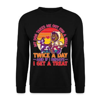Dog Walks Me Twice Daily, Behave for Treat - Unisex Pullover - Schwarz - Vorne - Alina (178cm) & Michal (187cm)