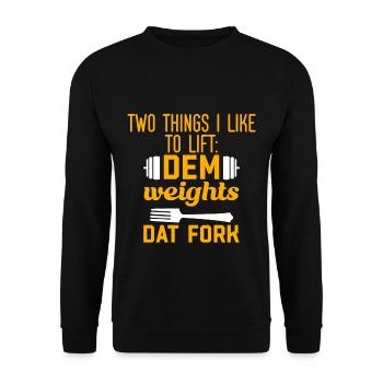 deux choses que j’aime soulever, les poids, la fourchette 2 - Sweat-shirt Unisexe - noir - Devant - Alina (178cm) & Michal (187cm)