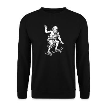 Der antike Philosoph Sokrates auf einem Skateboard - Unisex Pullover - Schwarz - Vorne - Alina (178cm) & Michal (187cm)