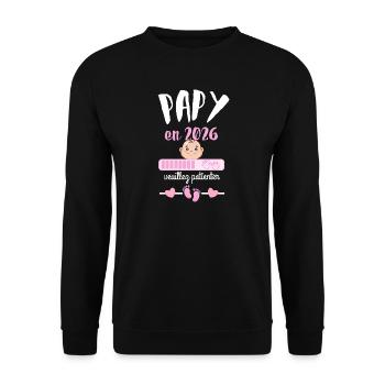 Papy en 2026 Fille Veuillez Patienter - Sweat-shirt Unisexe - noir - Devant - Alina (178cm) & Michal (187cm)