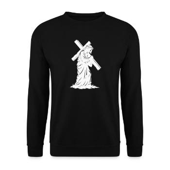 Kreuzweg Silhouette Jesu - Unisex Pullover - Schwarz - Vorne - Alina (178cm) & Michal (187cm)