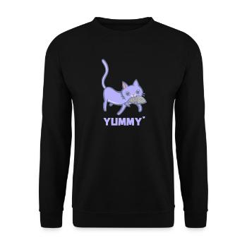 Katze und Fisch - Naschkatze - Unisex Pullover - Schwarz - Vorne - Alina (178cm) & Michal (187cm)