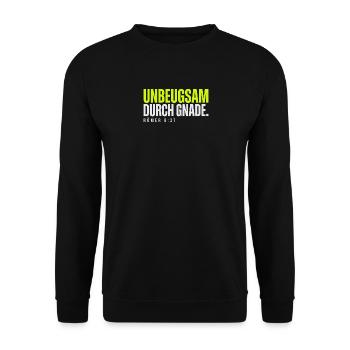 Unbeugsam durch Gnade – Römer 8,37 - Unisex Pullover - Schwarz - Vorne - Alina (178cm) & Michal (187cm)
