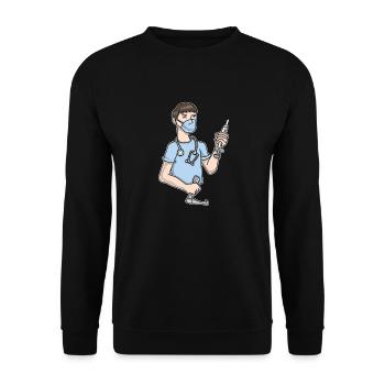 Arzt mit Mundschutz, Spritze und Stethoskop - Unisex Pullover - Schwarz - Vorne - Alina (178cm) & Michal (187cm)