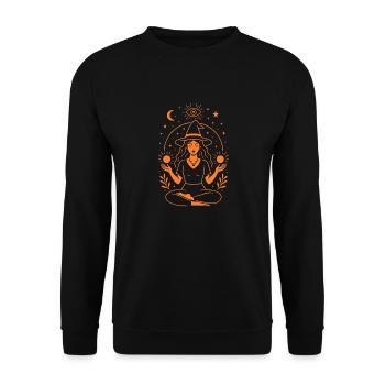 Hexe in der Meditation Magie und Energie Orange - Unisex Pullover - Schwarz - Vorne - Alina (178cm) & Michal (187cm)