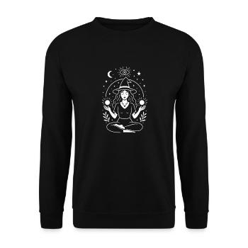 Hexe in der Meditation Magie und Energie weißer Umriss - Unisex Pullover - Schwarz - Vorne - Alina (178cm) & Michal (187cm)