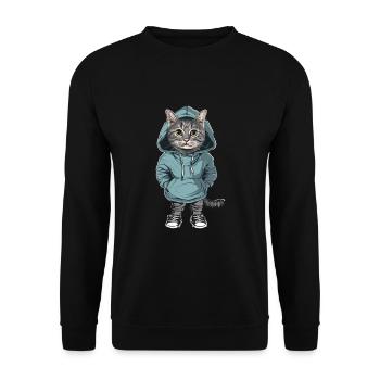 Katze mit Hoodie | Katzenliebhaber - Unisex Pullover - Schwarz - Vorne - Alina (178cm) & Michal (187cm)