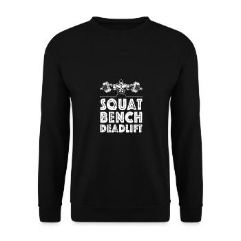 Kniebeuge, Bankdrücken, Kreuzheben - Unisex Pullover - Schwarz - Vorne - Alina (178cm) & Michal (187cm)