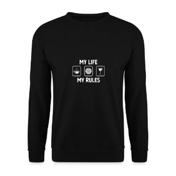 Mein Leben, meine Regeln - Wein - Dartscheibe - - Unisex Pullover - Schwarz - Vorne - Alina (178cm) & Michal (187cm)