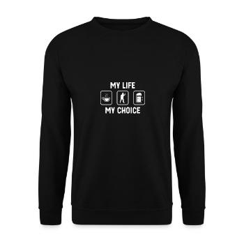 Mein Leben, meine Wahl - Bier - Dartspieler - - Unisex Pullover - Schwarz - Vorne - Alina (178cm) & Michal (187cm)