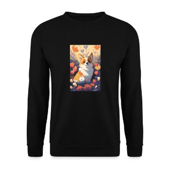 Happy Corgi in colored flowers - Unisex Sweatshirt - black - Front - Alina (178cm) & Michal (187cm)