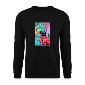 Pop-Art | Süßer Mops im roten Pelzmantel - Unisex Pullover - Schwarz - Vorne - Alina (178cm) & Michal (187cm)