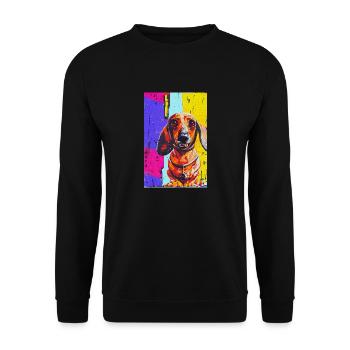 Modernes Pop-Art Print | Dackel mit Graffiti Bunt - Unisex Pullover - Schwarz - Vorne - Alina (178cm) & Michal (187cm)