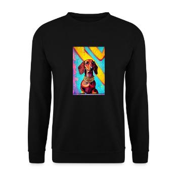 Modernes Pop-Art Print | Dackel mit Graffiti Bunt - Unisex Pullover - Schwarz - Vorne - Alina (178cm) & Michal (187cm)