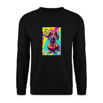 Modernes Pop-Art Print | Dachs mit Graffiti Bunt - Unisex Pullover - Schwarz - Vorne - Alina (178cm) & Michal (187cm)
