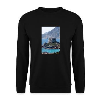 Landschaftsansicht der Insel Kastri in der Nähe der Stadt Kampos - Unisex Pullover - Schwarz - Vorne - Alina (178cm) & Michal (187cm)