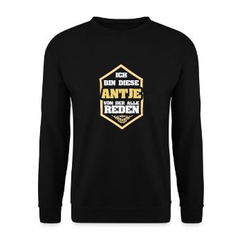 Antje als Rufname - Unisex Pullover - Schwarz - Vorne - Alina (178cm) & Michal (187cm)