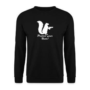 Protect your Nuts Lustiges Motto Eichhörnchen - Unisex Pullover - Schwarz - Vorne - Alina (178cm) & Michal (187cm)