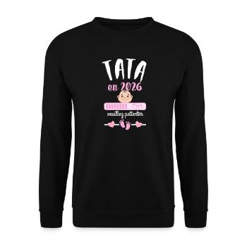 Tata en 2026 Veuillez Patienter  - Sweat-shirt Unisexe - noir - Devant - Alina (178cm) & Michal (187cm)