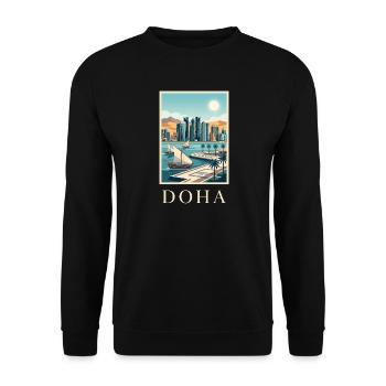 Doha Waterfront Cityscape Qatar Travel Poster - Unisex Sweatshirt - black - Front - Alina (178cm) & Michal (187cm)