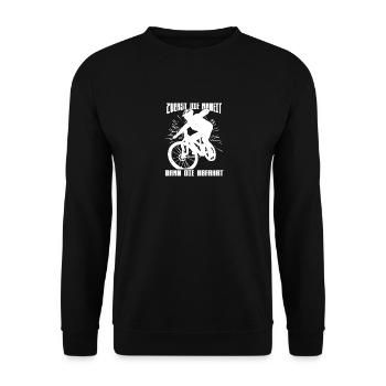 Arbeit, dann Abfahrt - Mountainbiker Mountainbike - Unisex Pullover - Schwarz - Vorne - Alina (178cm) & Michal (187cm)