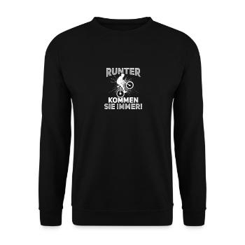 Runter immer! - Mountainbiker Mountainbike - Unisex Pullover - Schwarz - Vorne - Alina (178cm) & Michal (187cm)