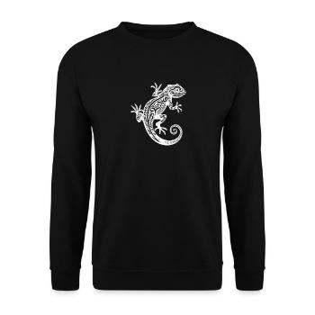 Niedlicher Tribal Tattoo Gecko an der Wand - Unisex Pullover - Schwarz - Vorne - Alina (178cm) & Michal (187cm)