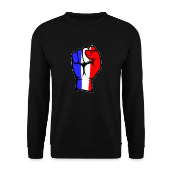 Frankreich Flagge Faust Hand Symbol - Unisex Pullover - Schwarz - Vorne - Alina (178cm) & Michal (187cm)