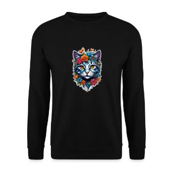 Katze und Blume Aquarell - Unisex Pullover - Schwarz - Vorne - Alina (178cm) & Michal (187cm)