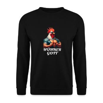 Hühnergott - lustiges Design mit Spruch - Unisex Pullover - Schwarz - Vorne - Alina (178cm) & Michal (187cm)