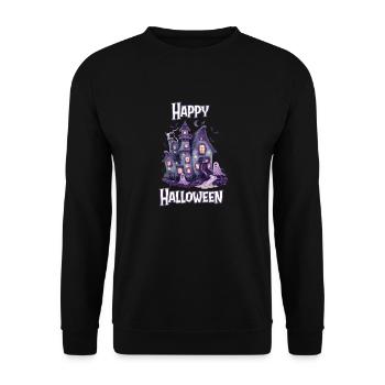 Halloween – Happy Halloween gruseliges Geisterhaus - Unisex Pullover - Schwarz - Vorne - Alina (178cm) & Michal (187cm)