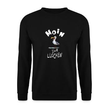 Moin ihr Luschen lustige Möwe crazy eyes - Unisex Pullover - Schwarz - Vorne - Alina (178cm) & Michal (187cm)