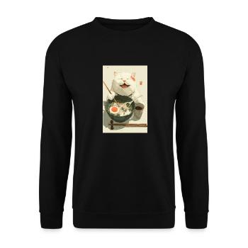Glückliche weiße Katze isst Ramen - Unisex Pullover - Schwarz - Vorne - Alina (178cm) & Michal (187cm)