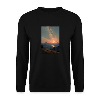 Kosmischer Sonnenuntergang über Bergen - Unisex Pullover - Schwarz - Vorne - Alina (178cm) & Michal (187cm)