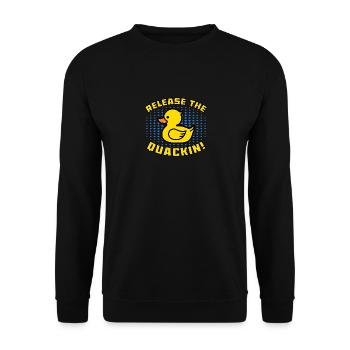 Release The Quackin! Funny Yellow Duck - Unisex Sweatshirt - black - Front - Alina (178cm) & Michal (187cm)