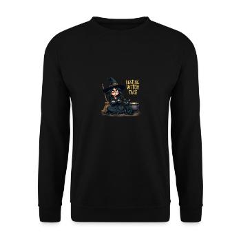 Ruhende Hexe Gesicht Süße Hexe mit Katze und Besen - Unisex Pullover - Schwarz - Vorne - Alina (178cm) & Michal (187cm)
