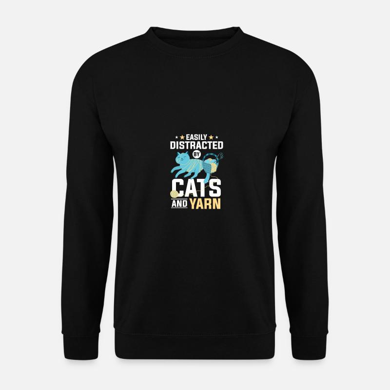 Easily Distracted By Cats And Yarn Häkeln Stricken - Unisex Pullover - Schwarz